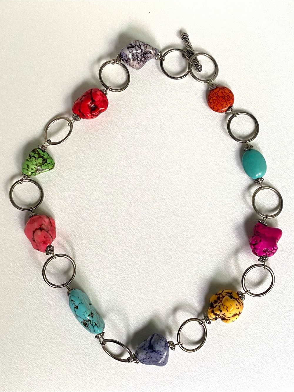 Vintage Multicolor Stone Link Necklace - Vibrant Mixed Gem Beads